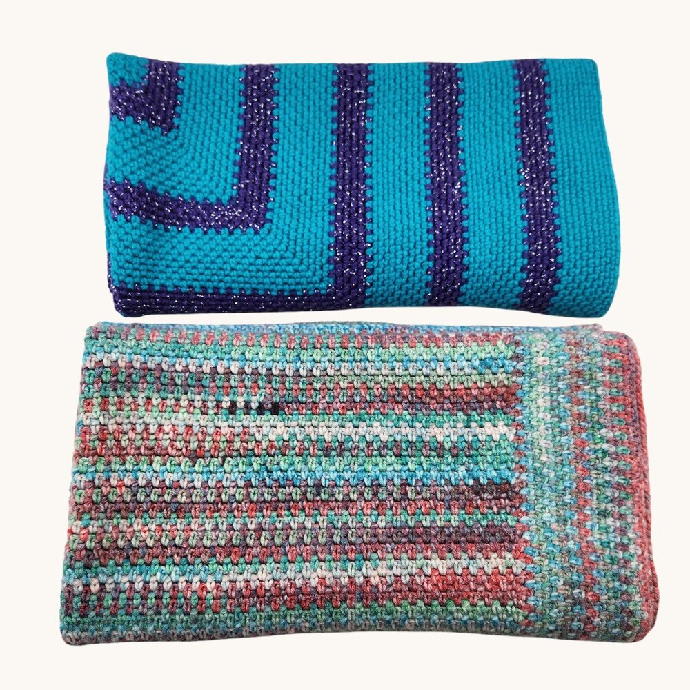 Vintage Hand Crocheted Throw Lap Blanket Lot Of 2 Multi-Color Afghans Cozy Retro